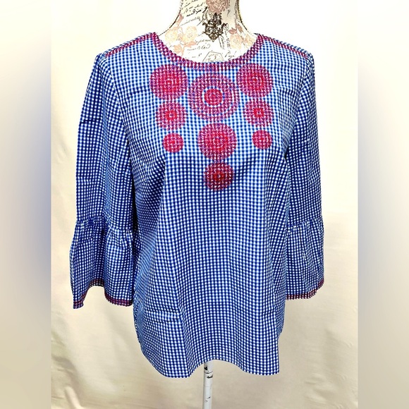 CREMIEUX Blue and White gingham w/ red embroidery bell sleeve top size L - Picture 1 of 13